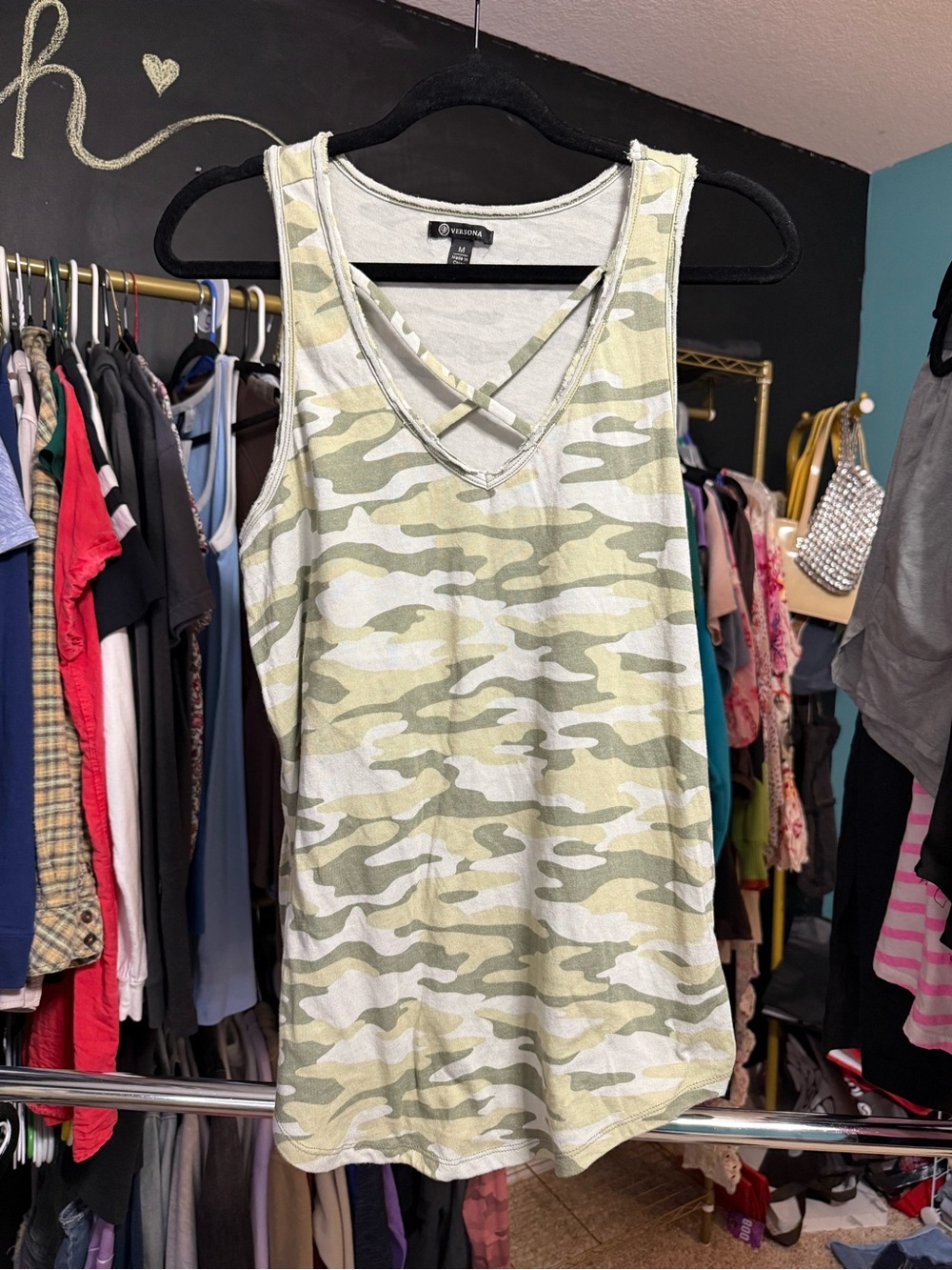 Versona Camo Criss Cross V-Neck Tank Top Olive Green - Picture 6 of 7
